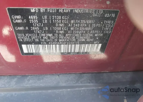 2015 Subaru Outback 2.5I z USA, uszkodzony, nr VIN 4S4BSAAC9F3308126